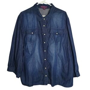 Gloria Vanderbilt Women's 3X Blue Denim Pearl Snap Button Down Shirt Top Plus...